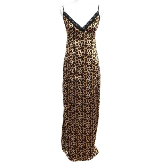 Seven 'TIL MIDNIGHT JOAN SATIN LEOPARD BLACK LACE LONG SLEEP GOWN - Picture 1 of 11
